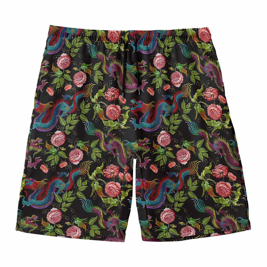Chinese Dragon Flower Pattern Print Men's Swim Trunks