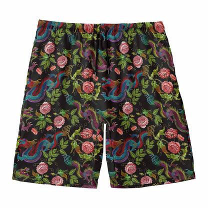 Chinese Dragon Flower Pattern Print Men's Swim Trunks