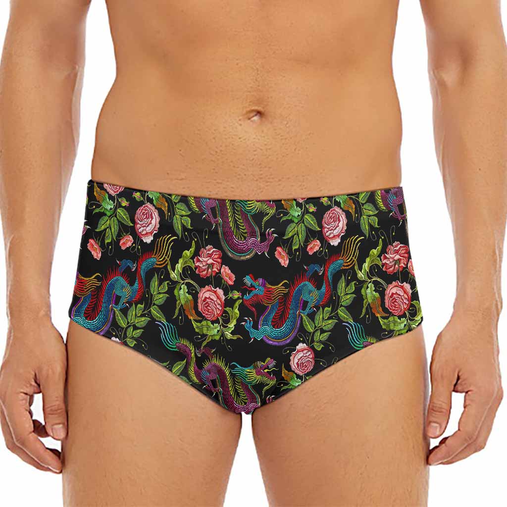 Chinese Dragon Flower Pattern Print Men's Triangle Swim Briefs
