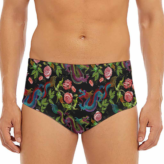 Chinese Dragon Flower Pattern Print Men's Triangle Swim Briefs