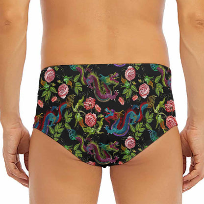 Chinese Dragon Flower Pattern Print Men's Triangle Swim Briefs