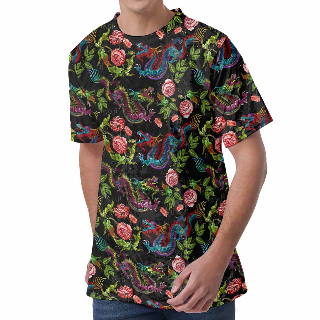 Chinese Dragon Flower Pattern Print Men's Velvet T-Shirt