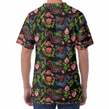 Chinese Dragon Flower Pattern Print Men's Velvet T-Shirt