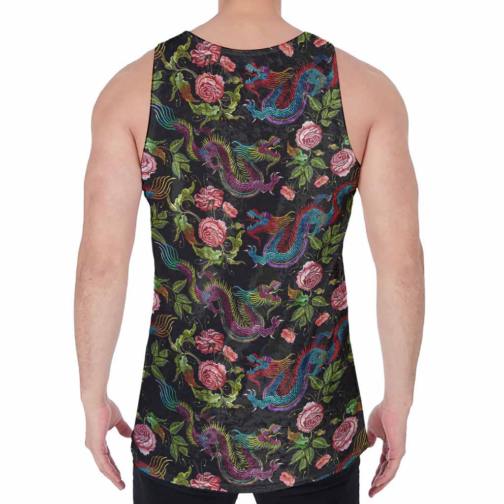 Chinese Dragon Flower Pattern Print Men's Velvet Tank Top