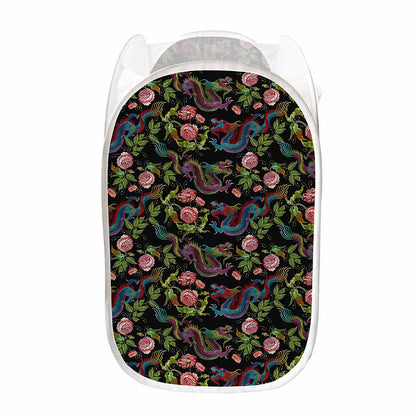 Chinese Dragon Flower Pattern Print Mesh Laundry Hamper