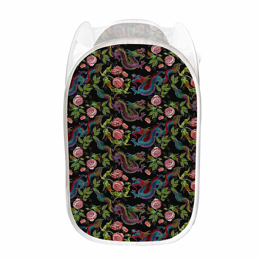 Chinese Dragon Flower Pattern Print Mesh Laundry Hamper