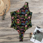Chinese Dragon Flower Pattern Print One Shoulder Bodysuit