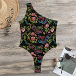Chinese Dragon Flower Pattern Print One Shoulder Bodysuit