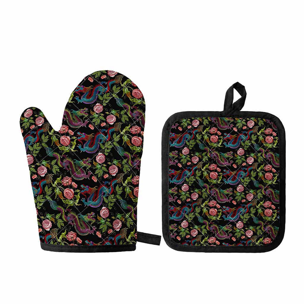 Chinese Dragon Flower Pattern Print Oven Mitt And Pot Holder Set