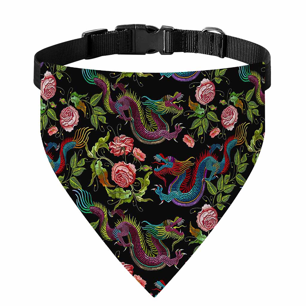 Chinese Dragon Flower Pattern Print Over The Collar Dog Bandana