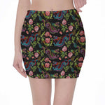 Chinese Dragon Flower Pattern Print Pencil Mini Skirt