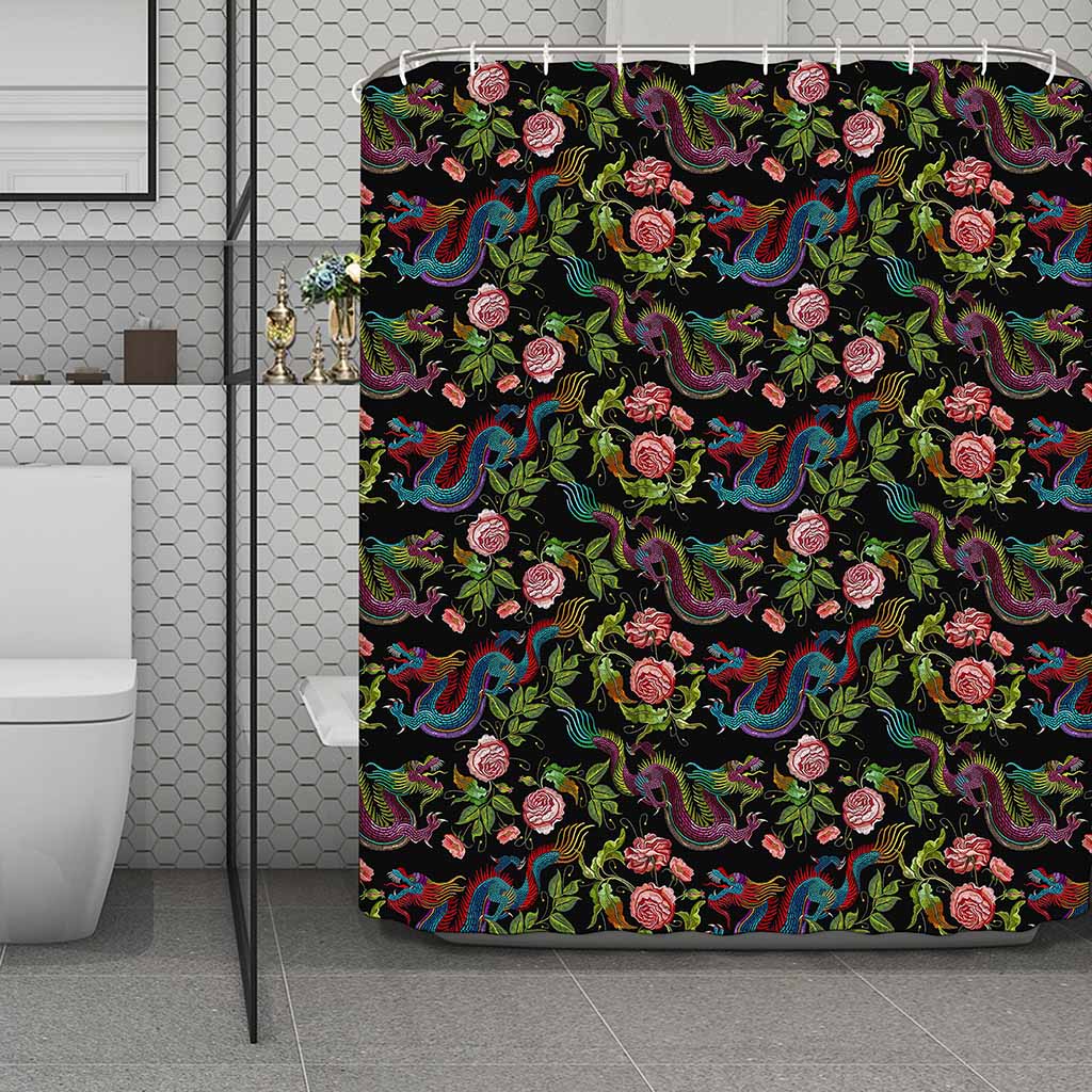 Chinese Dragon Flower Pattern Print Polyester Shower Curtain
