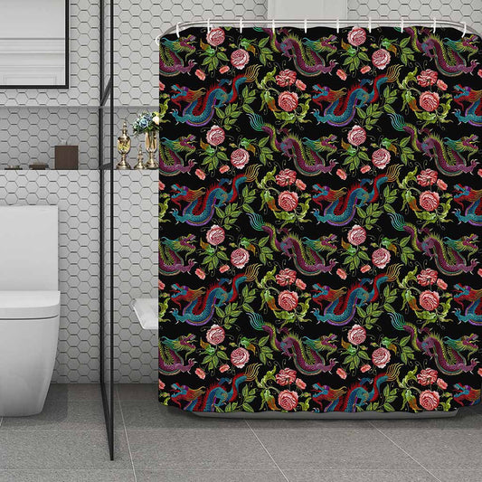 Chinese Dragon Flower Pattern Print Polyester Shower Curtain