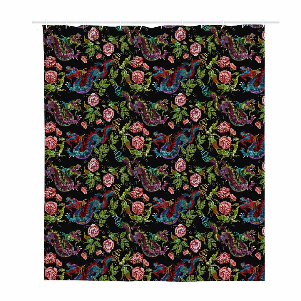 Chinese Dragon Flower Pattern Print Polyester Shower Curtain