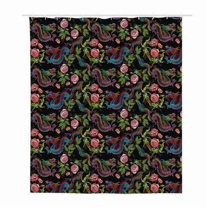 Chinese Dragon Flower Pattern Print Polyester Shower Curtain