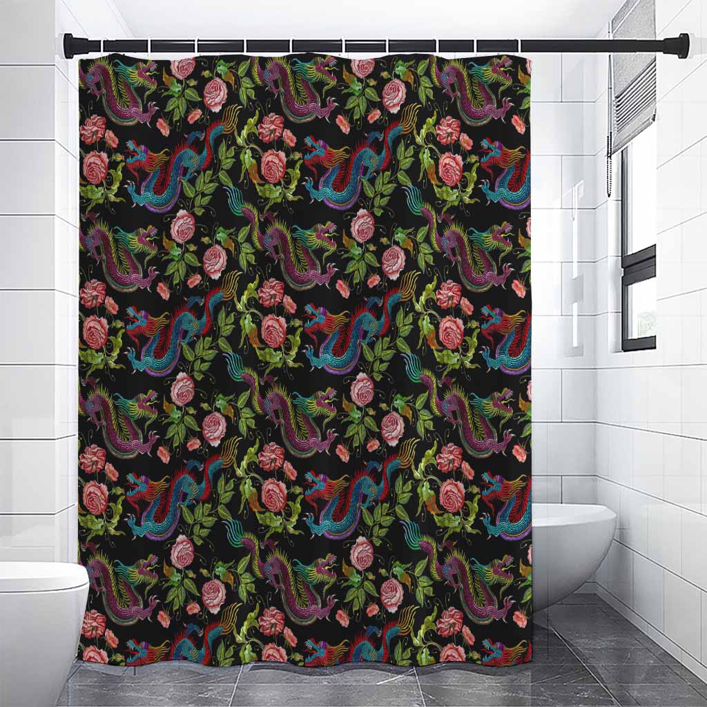 Chinese Dragon Flower Pattern Print Premium Shower Curtain