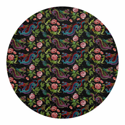Chinese Dragon Flower Pattern Print Round Blanket