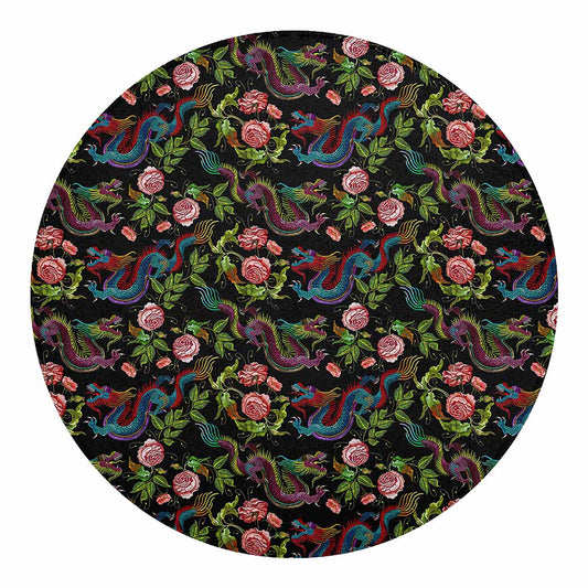 Chinese Dragon Flower Pattern Print Round Blanket