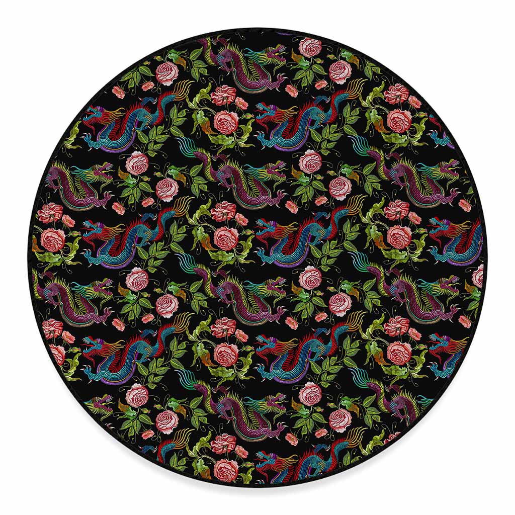 Chinese Dragon Flower Pattern Print Round Floor Mat