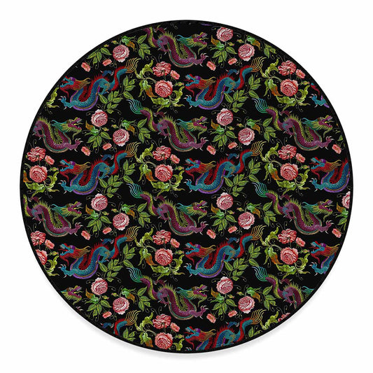 Chinese Dragon Flower Pattern Print Round Floor Mat