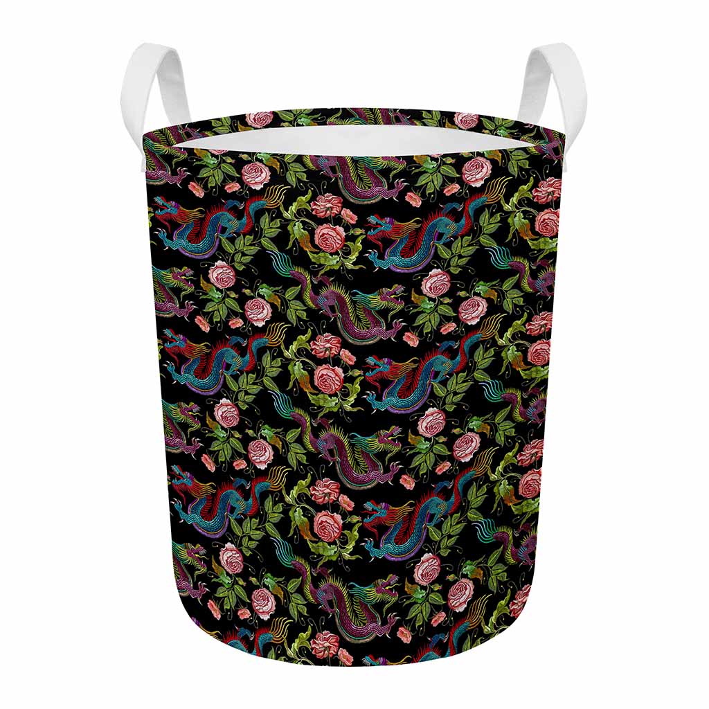 Chinese Dragon Flower Pattern Print Round Laundry Basket