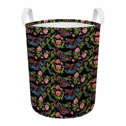 Chinese Dragon Flower Pattern Print Round Laundry Basket