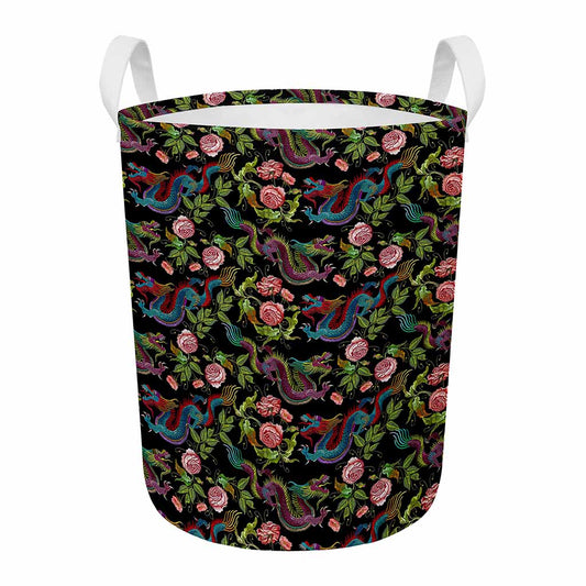 Chinese Dragon Flower Pattern Print Round Laundry Basket