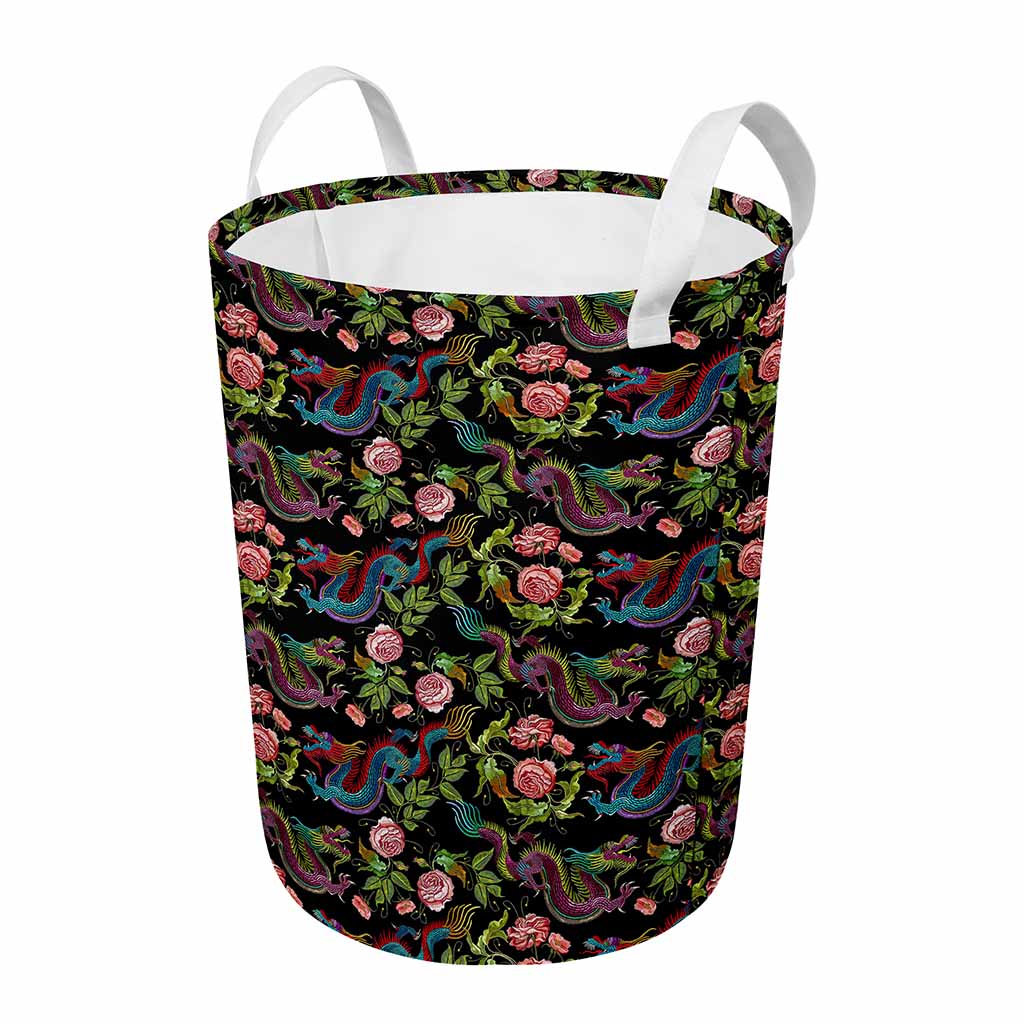 Chinese Dragon Flower Pattern Print Round Laundry Basket