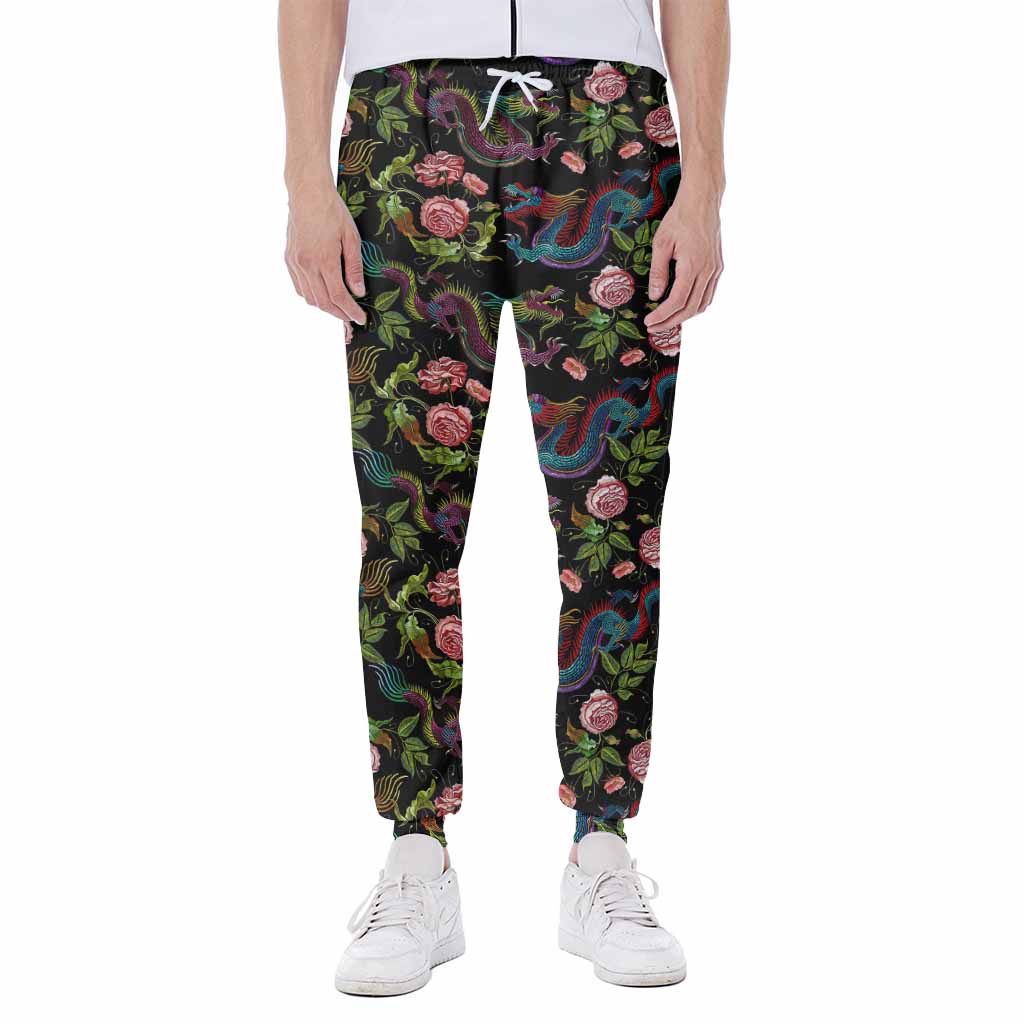 Chinese Dragon Flower Pattern Print Scuba Joggers