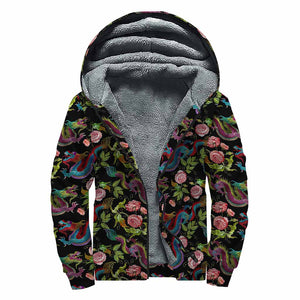 Chinese Dragon Flower Pattern Print Sherpa Lined Zip Up Hoodie