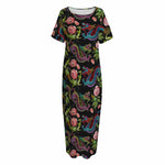 Chinese Dragon Flower Pattern Print Short Sleeve Long Nightdress