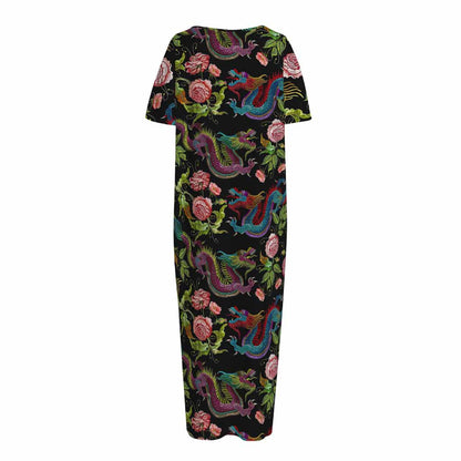 Chinese Dragon Flower Pattern Print Short Sleeve Long Nightdress