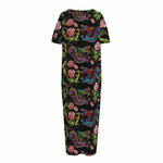 Chinese Dragon Flower Pattern Print Short Sleeve Long Nightdress