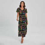 Chinese Dragon Flower Pattern Print Short Sleeve Maxi Dress