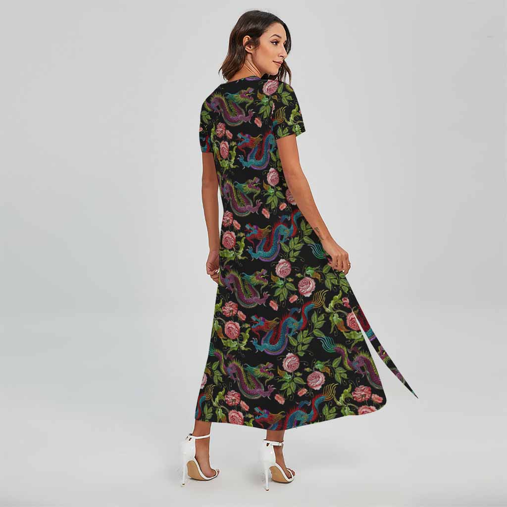 Chinese Dragon Flower Pattern Print Short Sleeve Maxi Dress