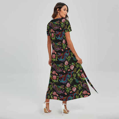 Chinese Dragon Flower Pattern Print Short Sleeve Maxi Dress