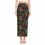 Chinese Dragon Flower Pattern Print Side Slit Maxi Skirt