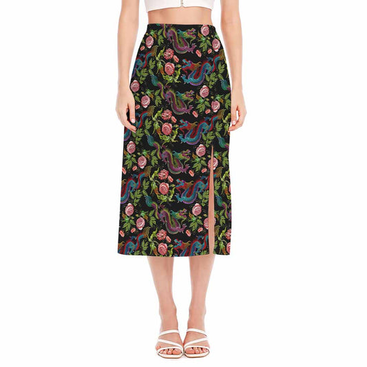 Chinese Dragon Flower Pattern Print Side Slit Midi Skirt