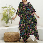 Chinese Dragon Flower Pattern Print Silk V-Neck Kaftan Dress