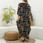 Chinese Dragon Flower Pattern Print Silk V-Neck Kaftan Dress