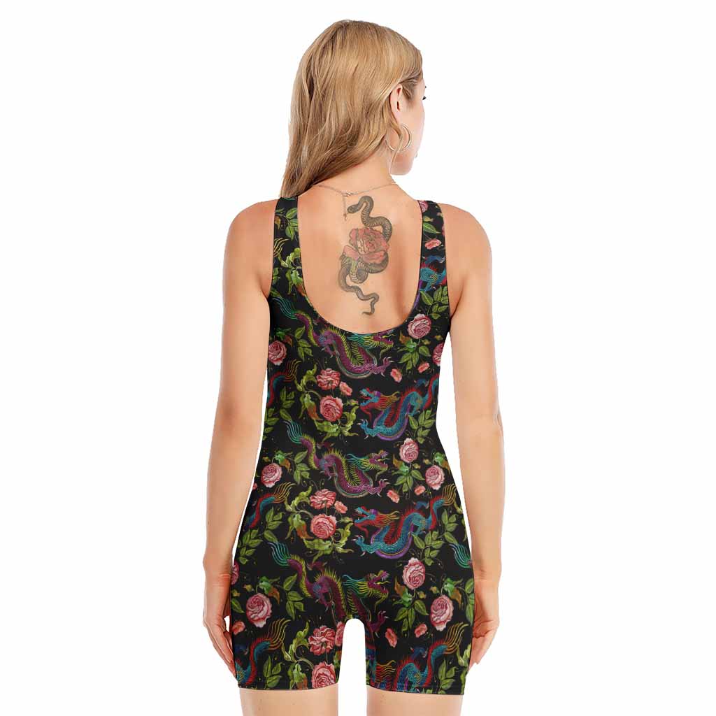 Chinese Dragon Flower Pattern Print Sleeveless One Piece Swimsuit