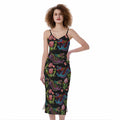 Chinese Dragon Flower Pattern Print Slim Fit Midi Cami Dress