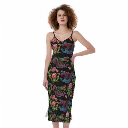 Chinese Dragon Flower Pattern Print Slim Fit Midi Cami Dress