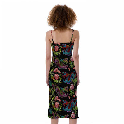 Chinese Dragon Flower Pattern Print Slim Fit Midi Cami Dress