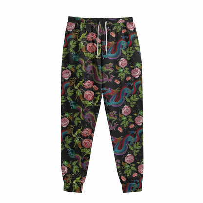 Chinese Dragon Flower Pattern Print Sweatpants