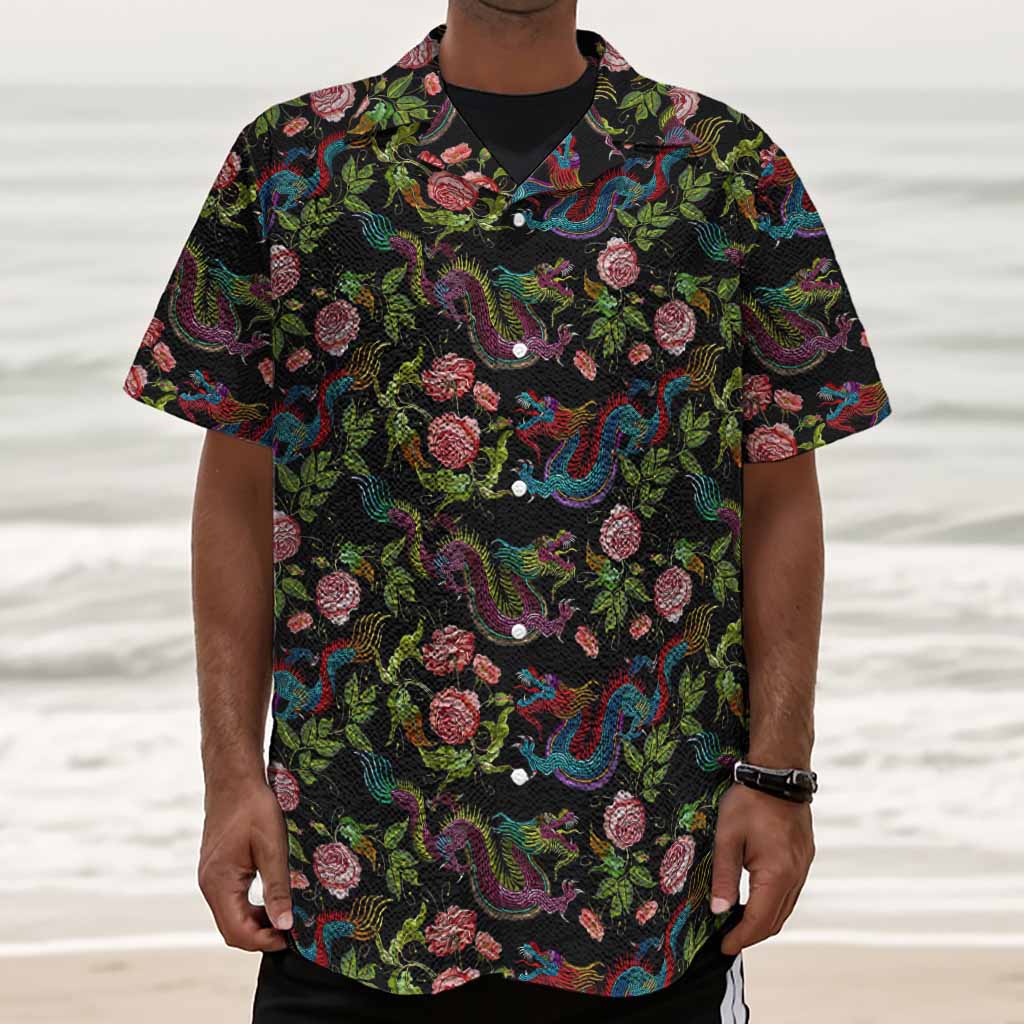 Chinese Dragon Flower Pattern Print Textured Short Sleeve Shirt