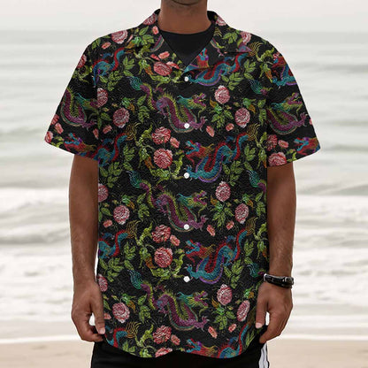 Chinese Dragon Flower Pattern Print Textured Short Sleeve Shirt