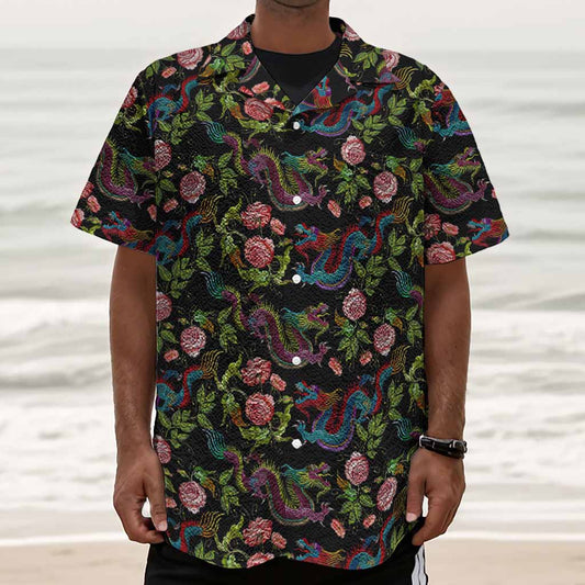 Chinese Dragon Flower Pattern Print Textured Short Sleeve Shirt