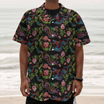 Chinese Dragon Flower Pattern Print Textured Short Sleeve Shirt