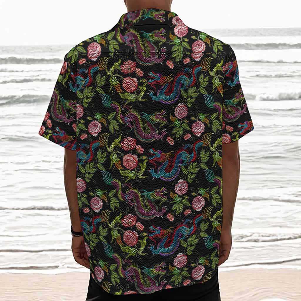 Chinese Dragon Flower Pattern Print Textured Short Sleeve Shirt
